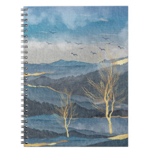 Luxe Blue Gold Mountains Trees Birds Sky Landscape Notebook