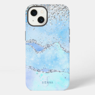 Luxe Blue Marble & Silver Glitter w/Name-Monogram iPhone 13 Case