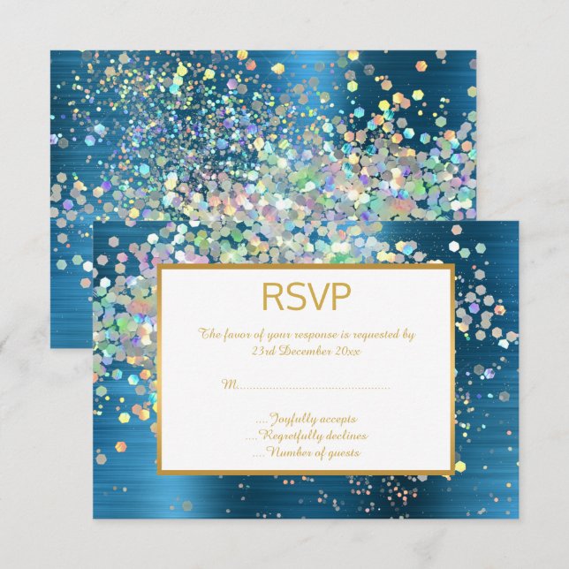 LUXE BLUE RAINBOW HOLOGRAPHIC SPOT RSVP CARD (Front/Back)