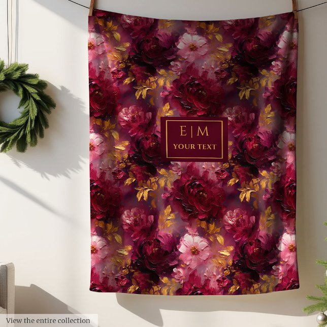 Luxe Blush Burgundy Gold Personalised Boho Floral  Fleece Blanket (Luxe Blush Burgundy Gold Personalized Boho Floral Fleece Blanket)