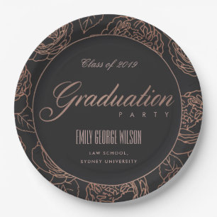 LUXE BLUSH PINK ROSE GOLD BLACK FLORAL GRADUATION PAPER PLATE