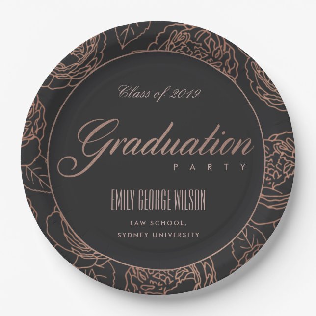 LUXE BLUSH PINK ROSE GOLD BLACK FLORAL GRADUATION PAPER PLATE (Front)