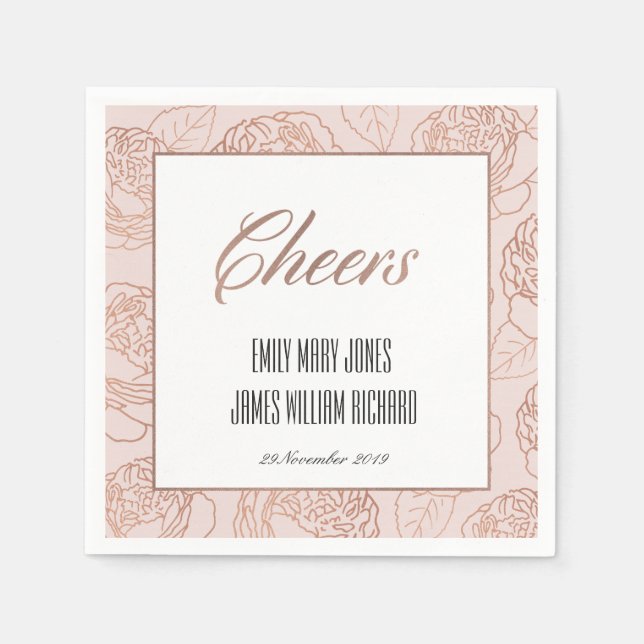 LUXE BLUSH PINK ROSE GOLD FLORAL CHEERS WEDDING NAPKIN (Front)