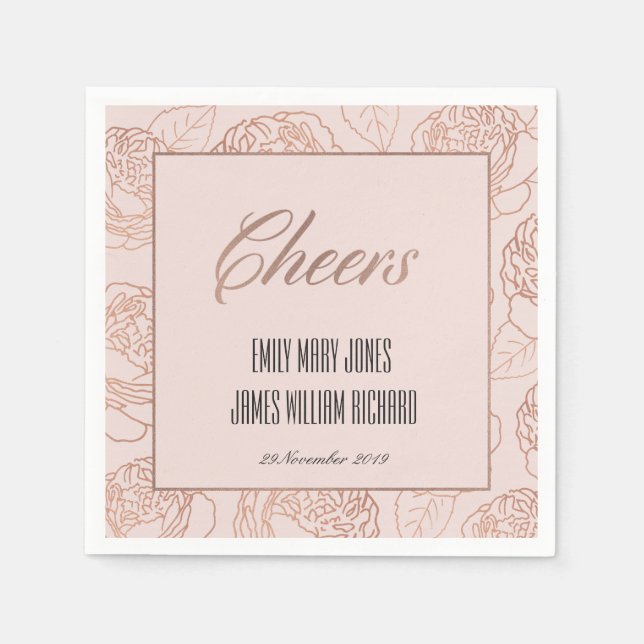 LUXE BLUSH PINK ROSE GOLD FLORAL CHEERS WEDDING NAPKIN (Front)