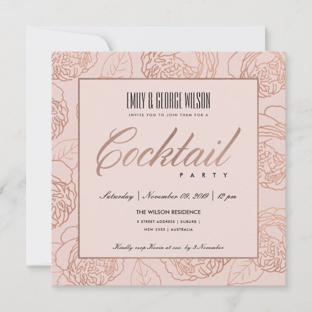 LUXE BLUSH PINK ROSE GOLD FLORAL COCKTAIL PARTY INVITATION (Front)