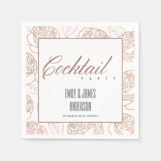LUXE BLUSH PINK ROSE GOLD FLORAL COCKTAIL PARTY NAPKIN (Front)