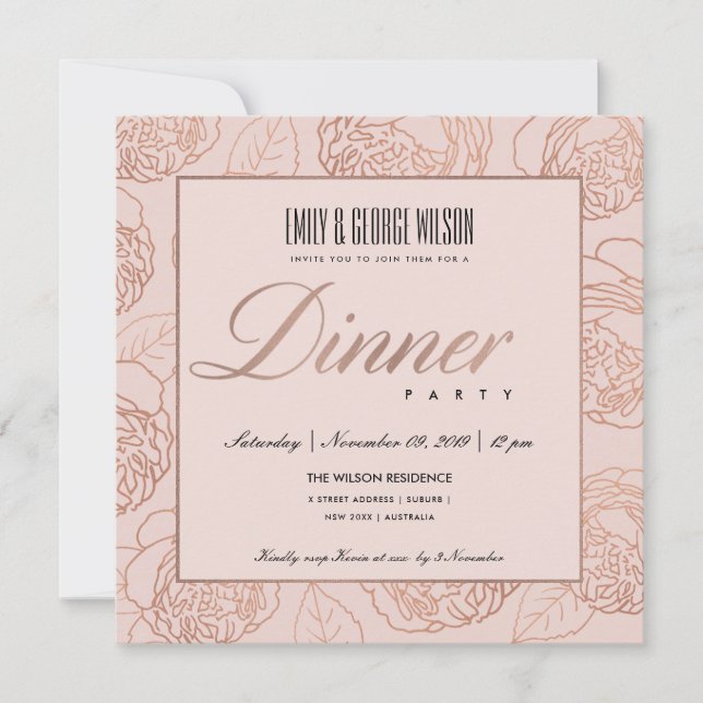 LUXE BLUSH PINK ROSE GOLD FLORAL DINNER PARTY INVITATION (Front)