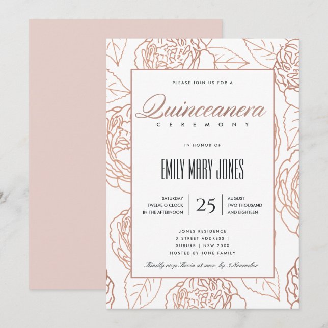 LUXE BLUSH PINK ROSE GOLD FLORAL QUINCEANERA INVITATION (Front/Back)