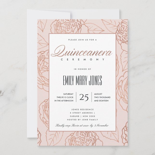 LUXE BLUSH PINK ROSE GOLD FLORAL QUINCEANERA INVITATION (Front)