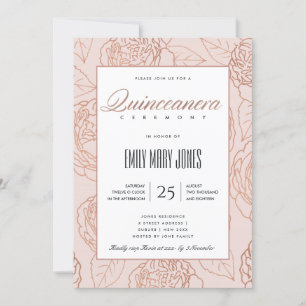 LUXE BLUSH PINK ROSE GOLD FLORAL QUINCEANERA INVITATION