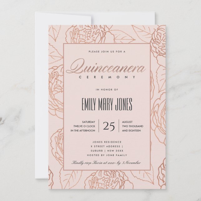 LUXE BLUSH PINK ROSE GOLD FLORAL QUINCEANERA INVITATION (Front)