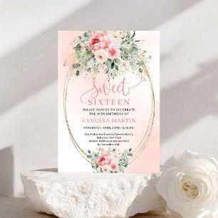 Luxe Blush Roses Gold Sweet 16 Birthday Invitation
