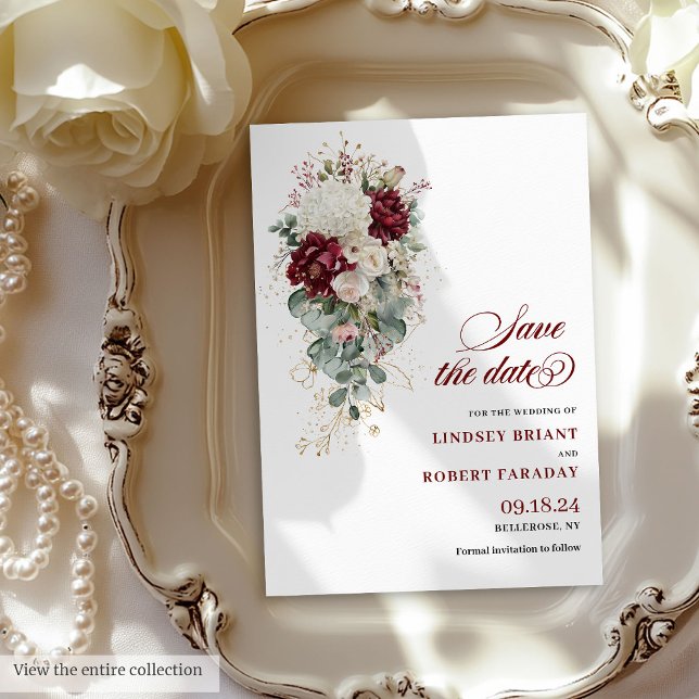 Luxe Boho Burgundy White Floral Save The Date Invitation (Luxe Boho Burgundy White Floral Save The Date)
