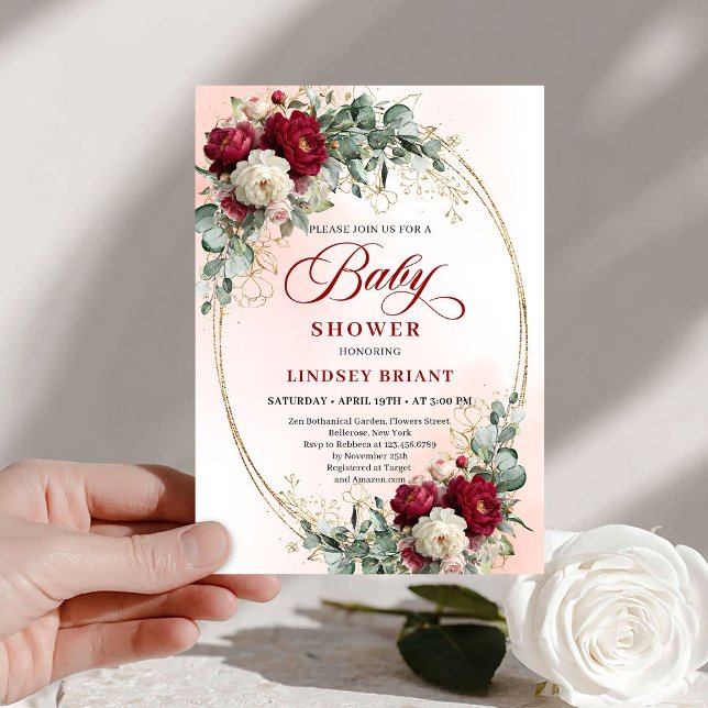 Luxe Boho Maroon Floral Gold Baby Shower Invitatio Invitation (Luxe Boho Maroon Floral Gold Baby Shower Invitation)