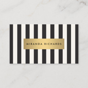 Luxe Bold Black and Ivory Stripes with Gold Bar Business Card