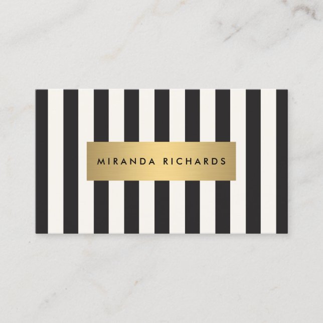 Luxe Bold Black and Ivory Stripes with Gold Bar Business Card (Front)