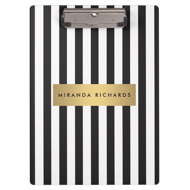 Luxe Bold Black and White Stripes with Gold Bar Clipboard (Front)