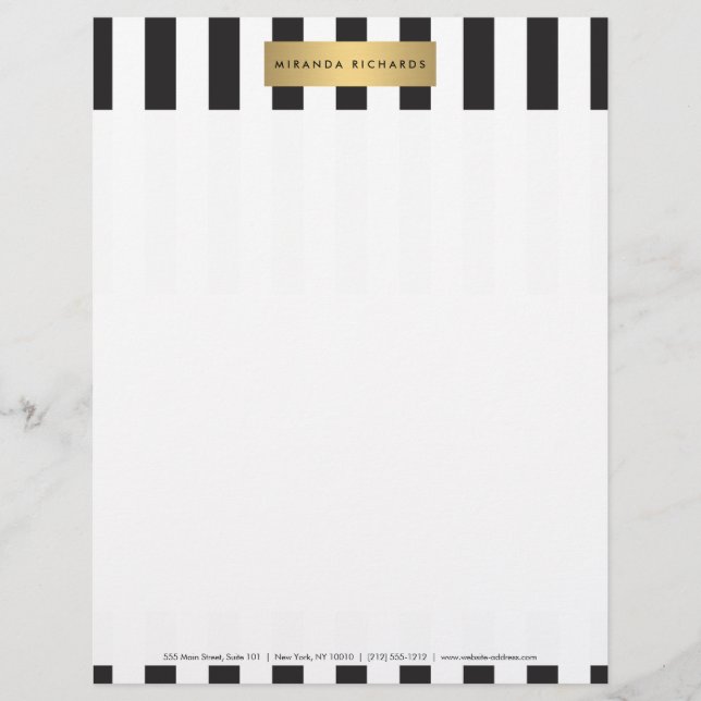 Luxe Bold Black and White Stripes with Gold Bar Letterhead Design (Front)