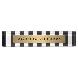 Luxe Bold Black and White Stripes with Gold Bar Nameplate