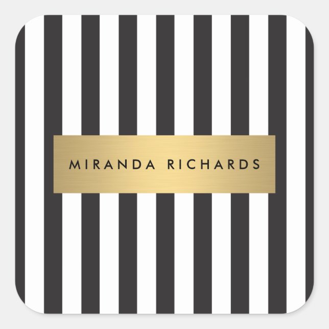 Luxe Bold Black and White Stripes with Gold Bar Square Sticker (Front)