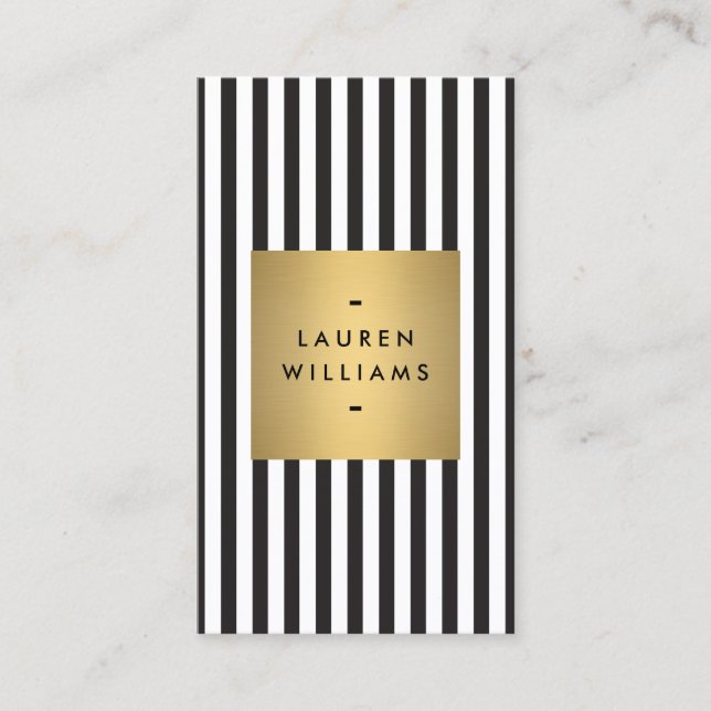 Luxe Bold Black and White Stripes with Gold Box Business Card (Front)