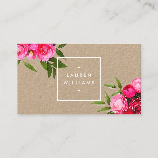 Luxe Bold Watercolor Roses on Kraft Business Card (Front)