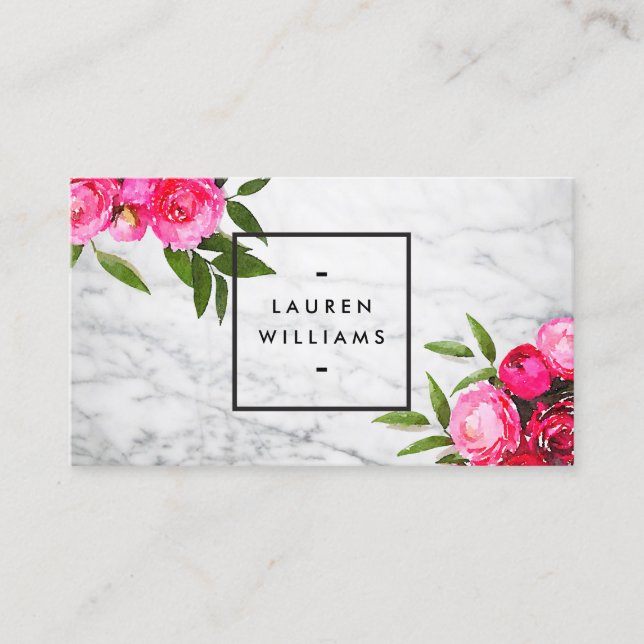 Luxe Bold Watercolor Roses on Marble Business Card (Front)