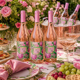 Luxe Botanical Pink and Green Cocktail Party Wine Label