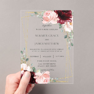 Luxe Burgundy Blush Pink Roses Floral Wedding   Acrylic Invitations