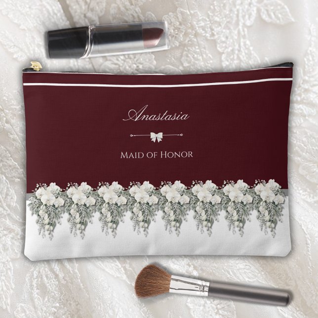 Luxe Burgundy Fall Maid of Honour Accessories Bag (Personalized burgundy cosmetic bag for the Maid of Honor with elegant white orchid flowers.)