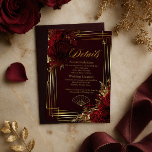 Luxe Burgundy Red Rose Art Deco Wedding Details Enclosure Card