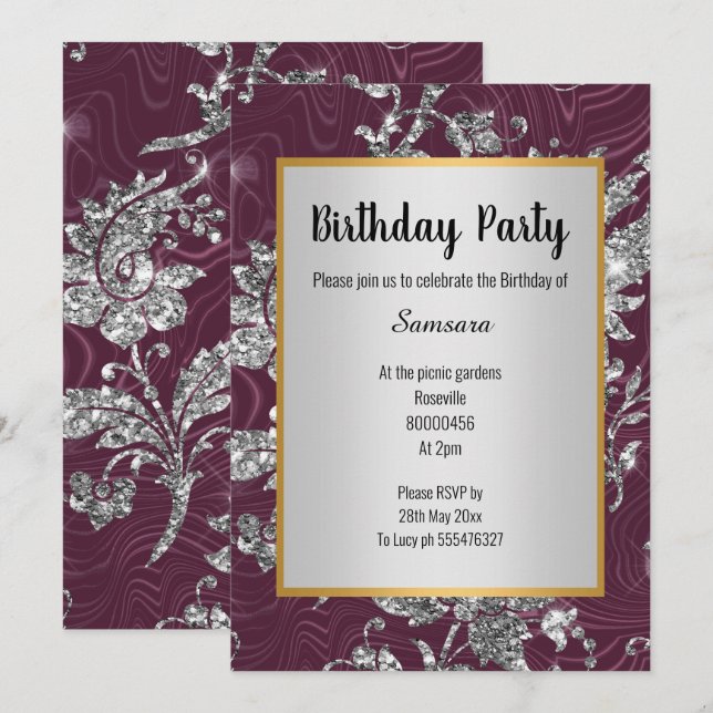 LUXE BURGUNDY SILVER GOLD BIRTHDAY INVITATION (Front/Back)