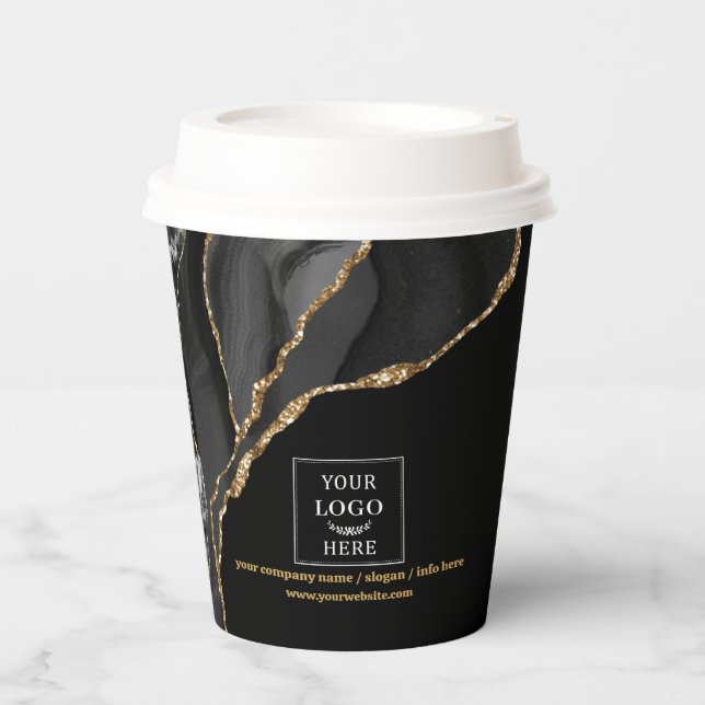 Luxe Business Logo Event Promotional Black Marble  Paper Cups (Front)