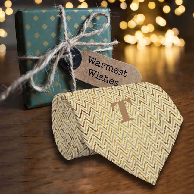 Luxe Chevron Glitter Gold Black Personalise Name  Tie (Creator Uploaded)