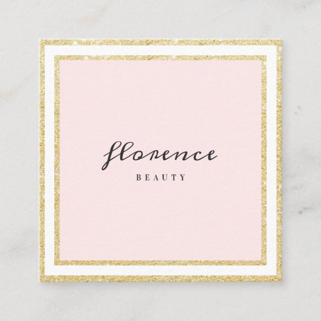 Luxe chic gold glitter frame blush pink and white square business card (Front)