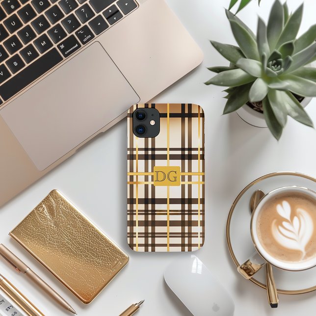 Luxe Classic Taupe and Gold Plaid iPhone Case (Stylish Luxe Classic Tan and Beige Plaid iPhone Case )