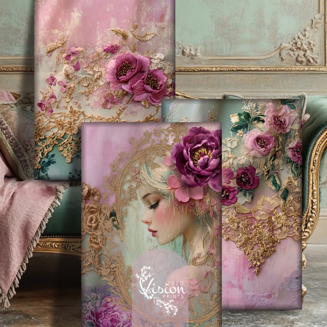 Luxe Collage Heavyweight Decoupage Set Wrapping Paper Sheet (Luxe Collage Heavy Weight Decoupage, Shabby Chic Portrait Vintage Lace Romantic Floral.)