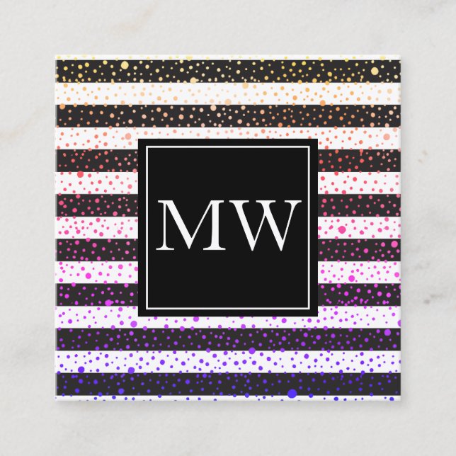 Luxe Colourful Spots Monogram Black White Stripes Square Business Card (Front)