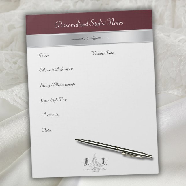 Luxe Crimson Bridal Stylist Consultation Notepad (Luxe crimson and silver bridal boutique stylist memo notepad template.)