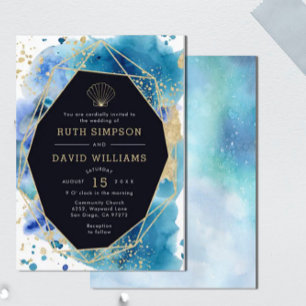 Luxe Dark Blue and Gold Ocean Wedding Invitation