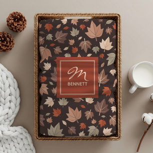 Luxe Dark Fall Leaves Monogram Sherpa Blanket