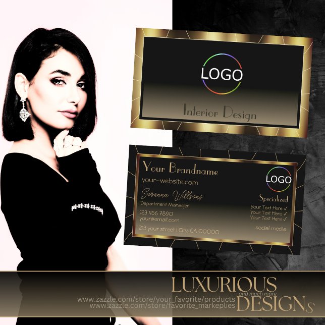 Luxe Dark Gold Frame Brown Gradien Chic with Logo Business Card (Creator Uploaded)