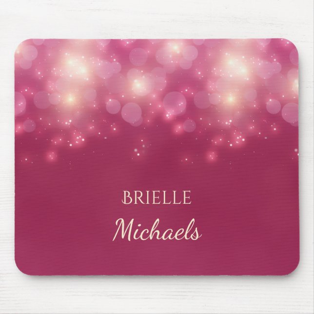Luxe Dark Pink Glamour Bokeh Sparkles With Name Mouse Mat (Front)
