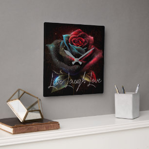 Luxe Dark Rose Art with “Live Laugh Love” Script Square Wall Clock