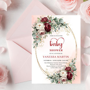 Luxe Deep Red Floral Heart-Shaped Font Baby Shower Invitation