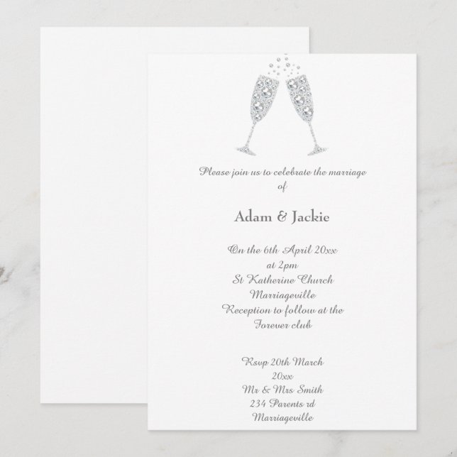 Luxe Diamond Champagne Glass White ELEGANT WEDDING Invitation (Front/Back)