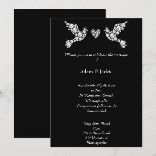 Luxe Diamond Love Dove Black Wedding Invitation (Front/Back)