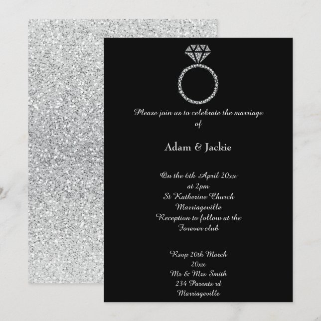 Luxe Diamond Ring Black Glitter Wedding Invitation (Front/Back)