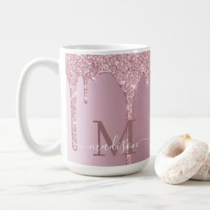 Luxe Dripping Rose Gold Glitter Monogram Coffee Mug