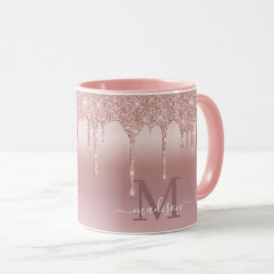 Luxe Dripping Rose Gold Glitter Monogram Mug